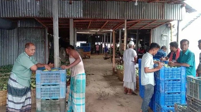 নাটোরে আমের বাম্পার ফলন হয়েছে। সারি সারি বাক্স বোঝাই করে রাখা হয়েছে আম। ক্রেতার দেখা নেই। লালপুরের আহমেদপুর একটি আড়ত থেকে তোলা ছবি নাটোরে আমের বাম্পার ফলন হয়েছে। সারি সারি বাক্স বোঝাই করে রাখা হয়েছে আম। ক্রেতার দেখা নেই। লালপুরের আহমেদপুর একটি আড়ত থেকে তোলা ছবি
